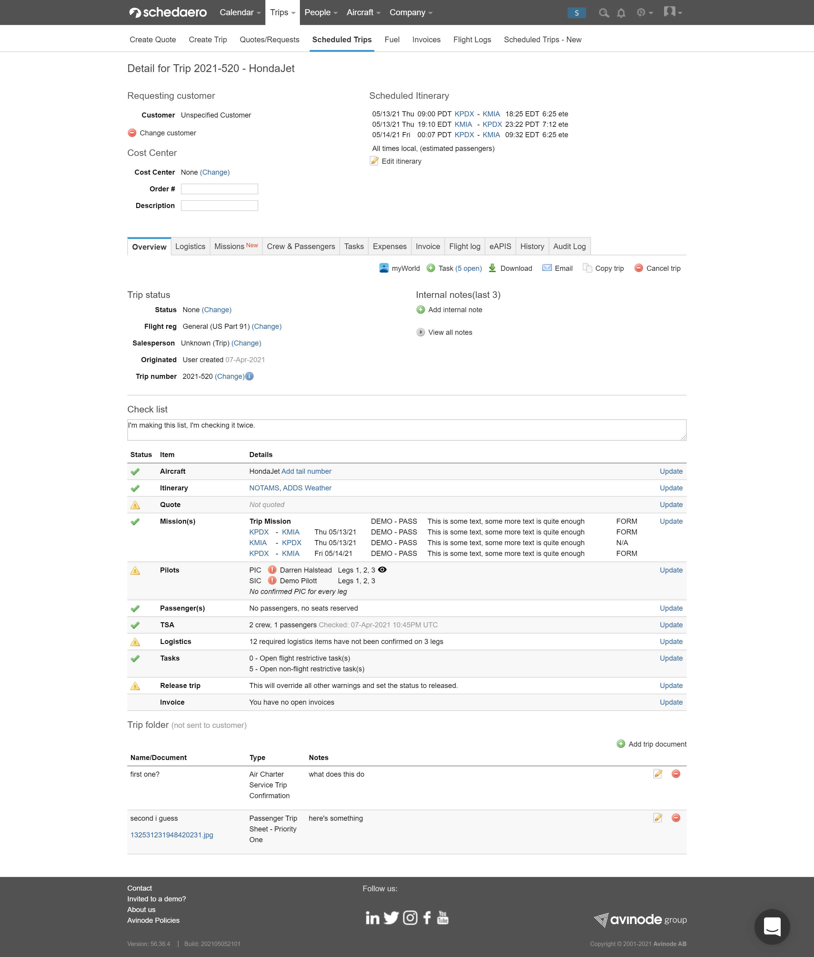 SchedAero Trip Detail Page Overview